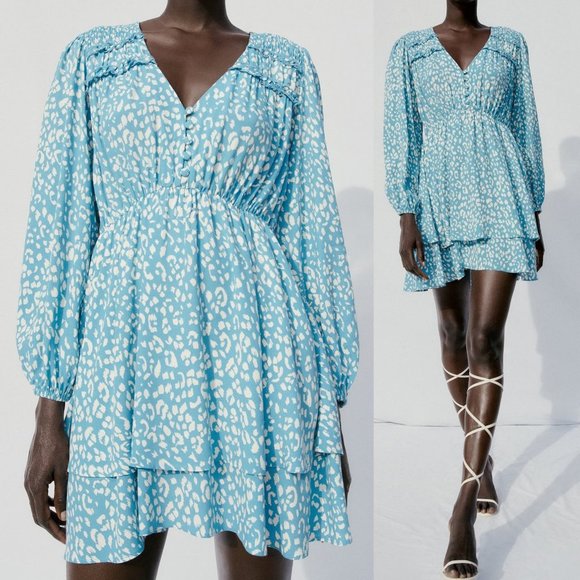 NEW Zara Animal Leopard Print V Neck Layered Ruffle Skirt Cute Mini Dress Blue S - Picture 2 of 10
